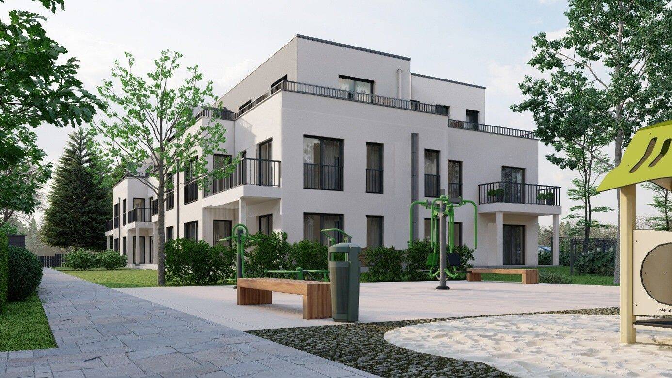 Wohnen in Reichelsdorf — Außenansicht mit Gartenseite und Spielplatz, Visualisierung